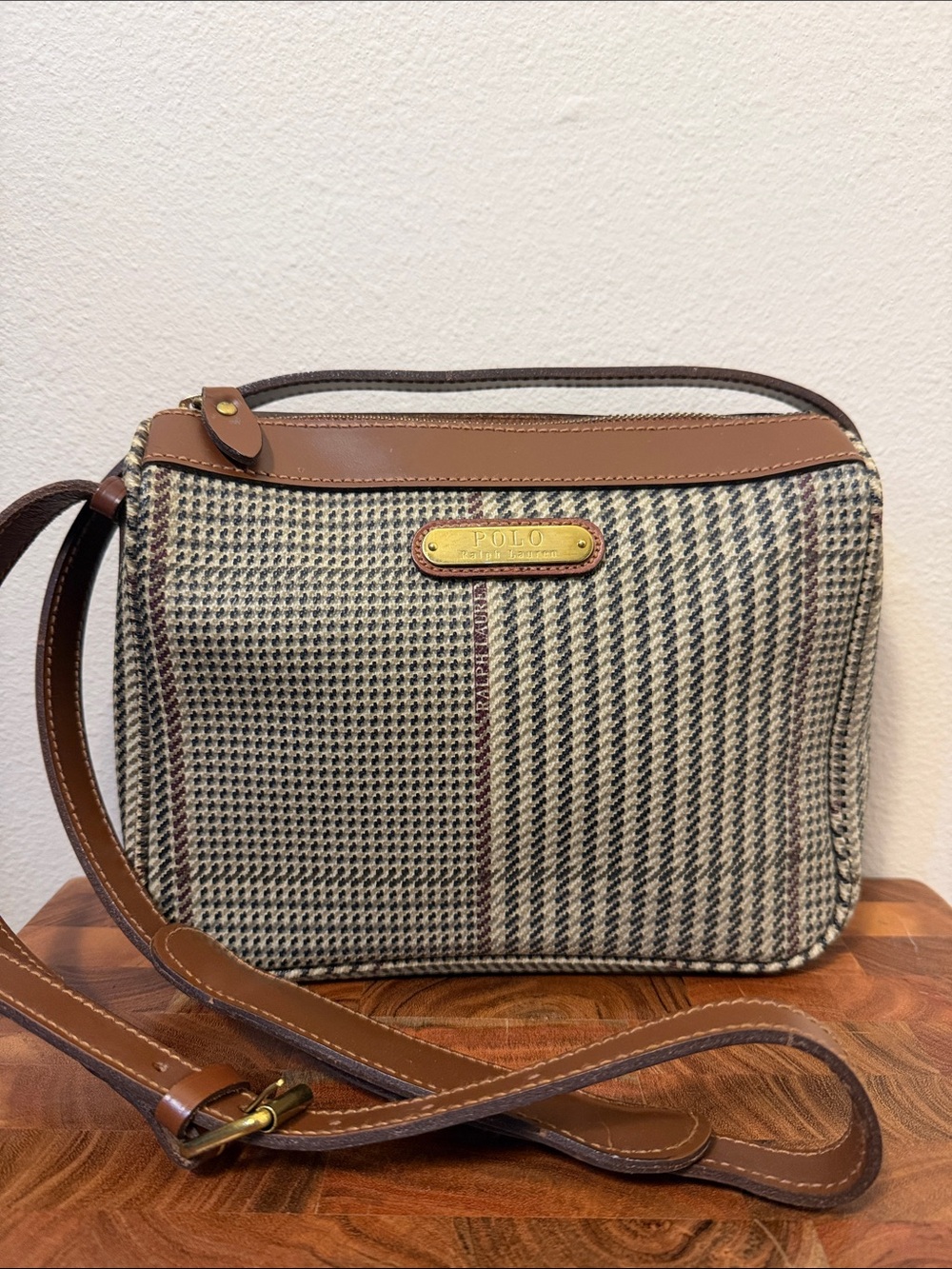 Polo Ralph Lauren Houndstooth Tartan Plaid Crossbody Bag in Brown/Tan